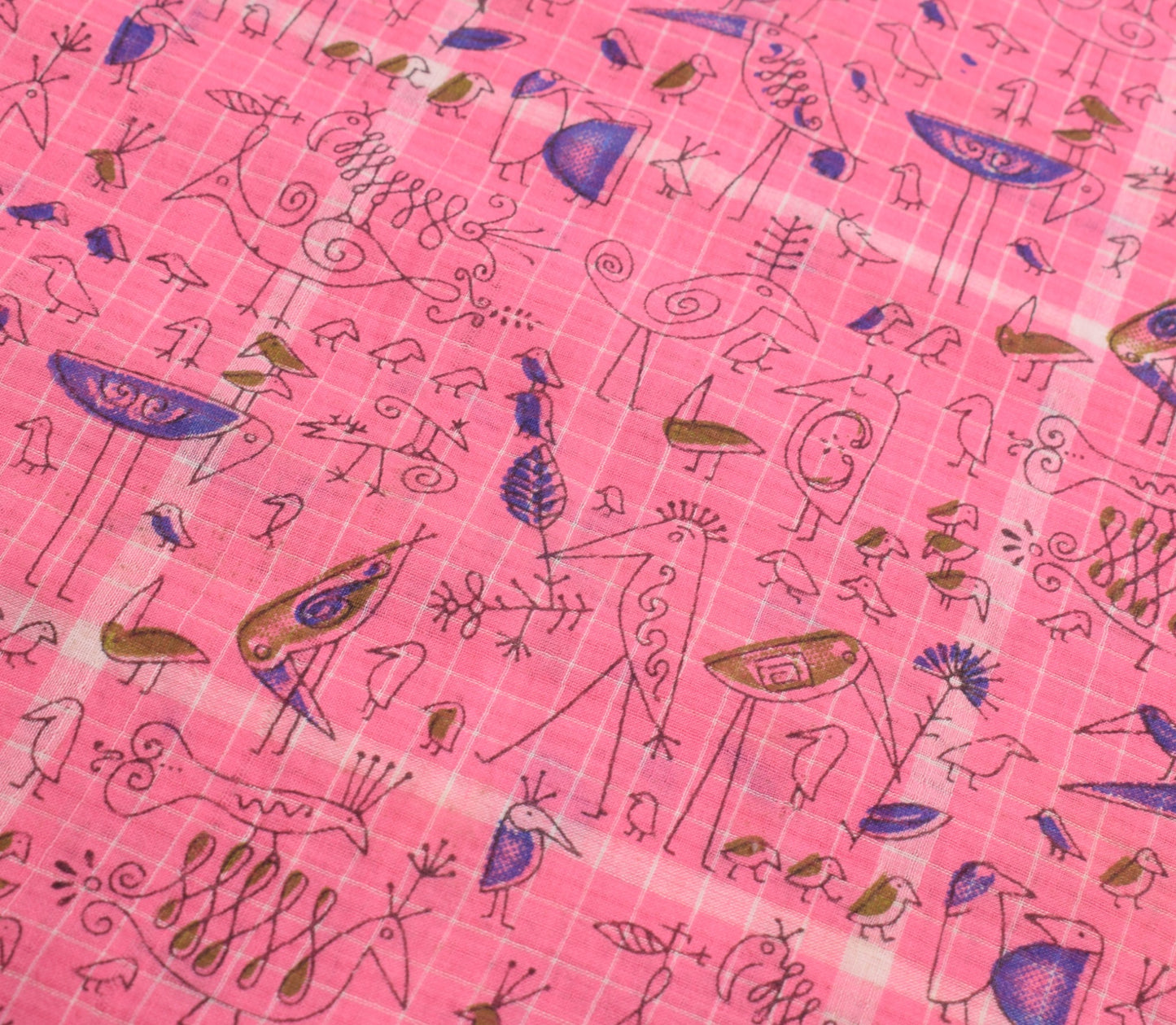 Sushila Vintage Pink Birds Saree Pure Cotton Hand Printed & Woven Soft Fabric