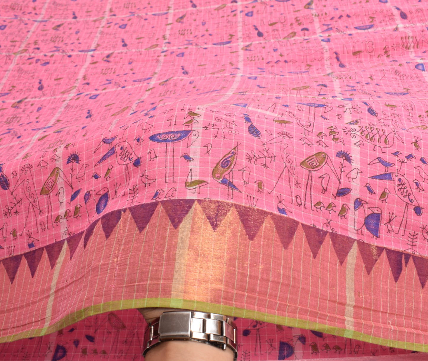 Sushila Vintage Pink Birds Saree Pure Cotton Hand Printed & Woven Soft Fabric