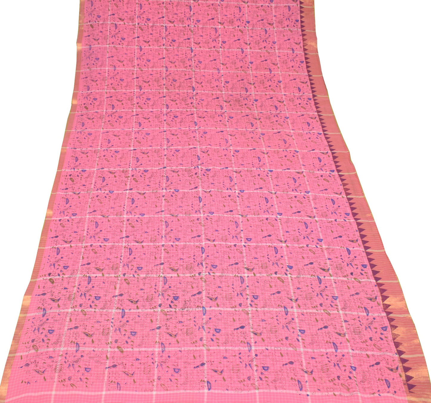 Sushila Vintage Pink Birds Saree Pure Cotton Hand Printed & Woven Soft Fabric