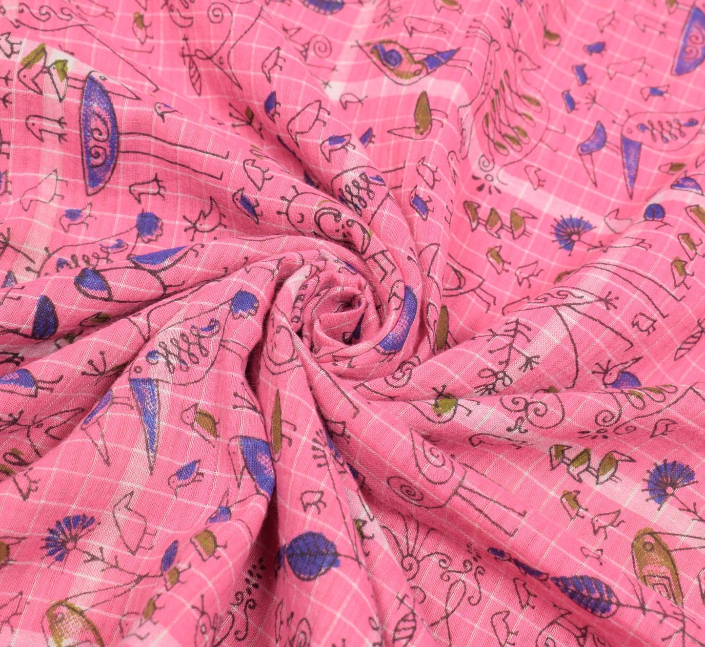 Sushila Vintage Pink Birds Saree Pure Cotton Hand Printed & Woven Soft Fabric