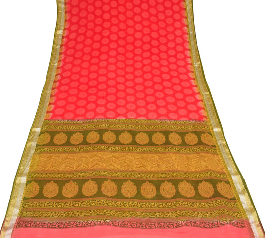 Sushila Vintage Red Saree Green Border Pallu 100%Pure Cotton Printed Soft Fabric