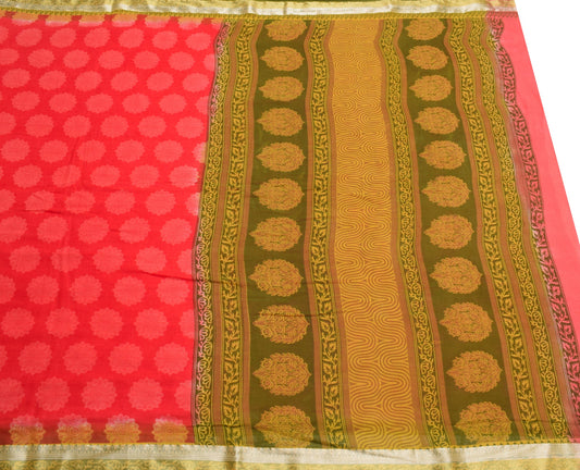 Sushila Vintage Red Saree Green Border Pallu 100%Pure Cotton Printed Soft Fabric