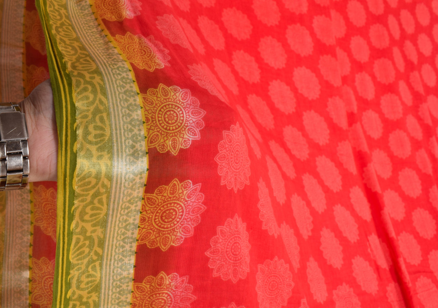 Sushila Vintage Red Saree Green Border Pallu 100%Pure Cotton Printed Soft Fabric