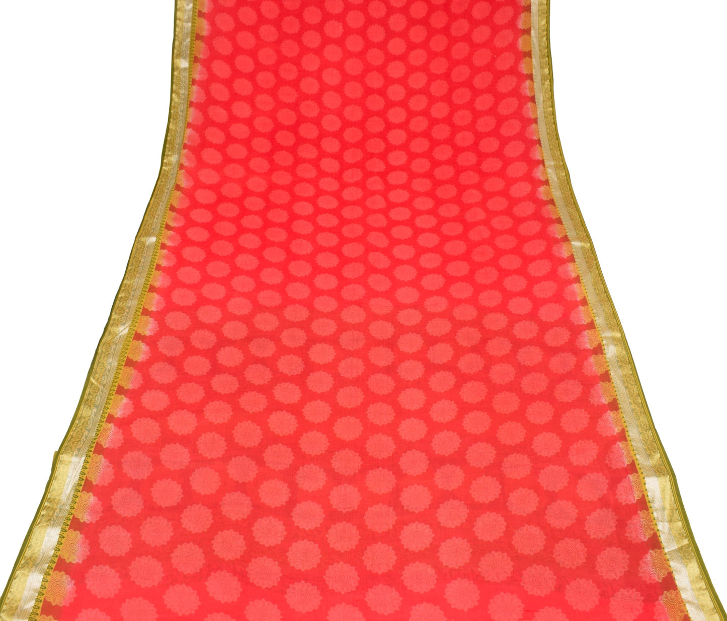 Sushila Vintage Red Saree Green Border Pallu 100%Pure Cotton Printed Soft Fabric