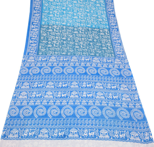 Sushila Vintage Sky Blue Saree  Pure Cotton Warli Printed Sari Soft Craft Fabric