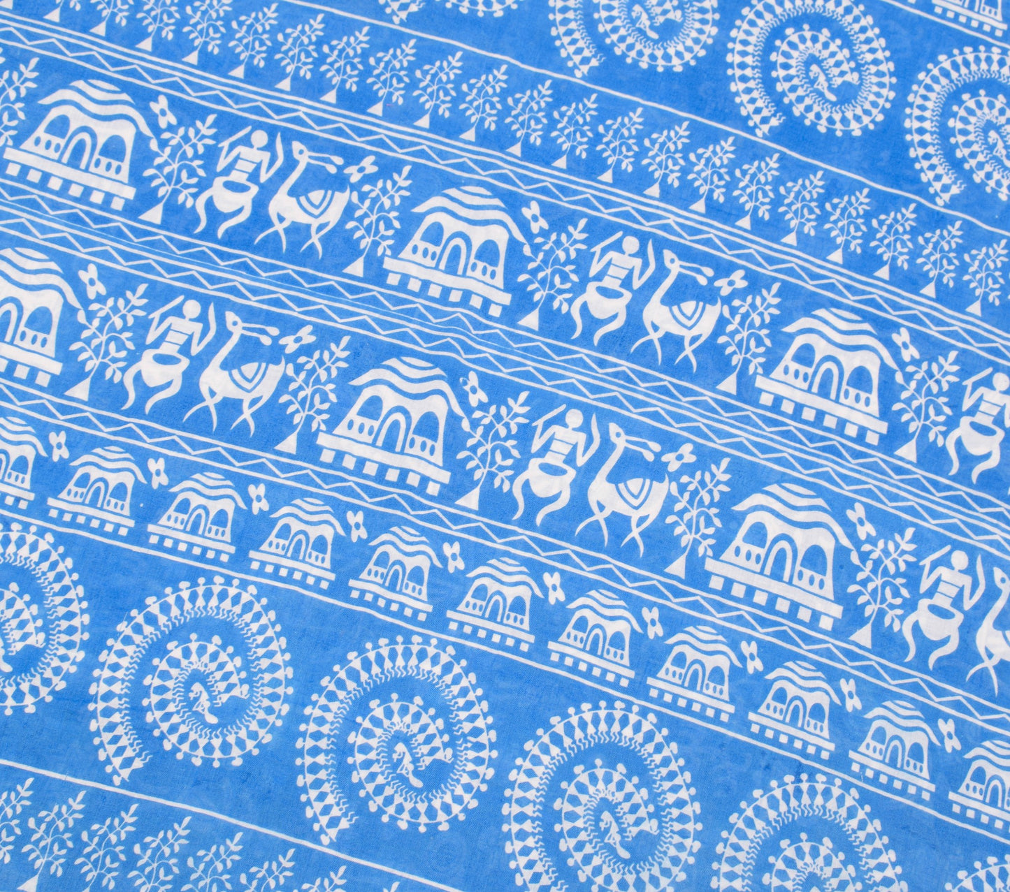 Sushila Vintage Sky Blue Saree  Pure Cotton Warli Printed Sari Soft Craft Fabric