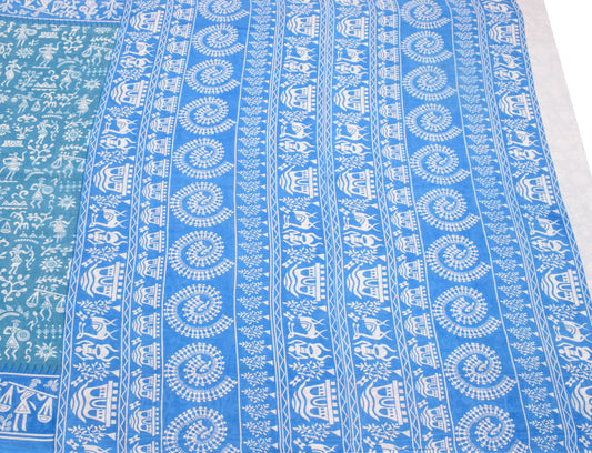 Sushila Vintage Sky Blue Saree  Pure Cotton Warli Printed Sari Soft Craft Fabric