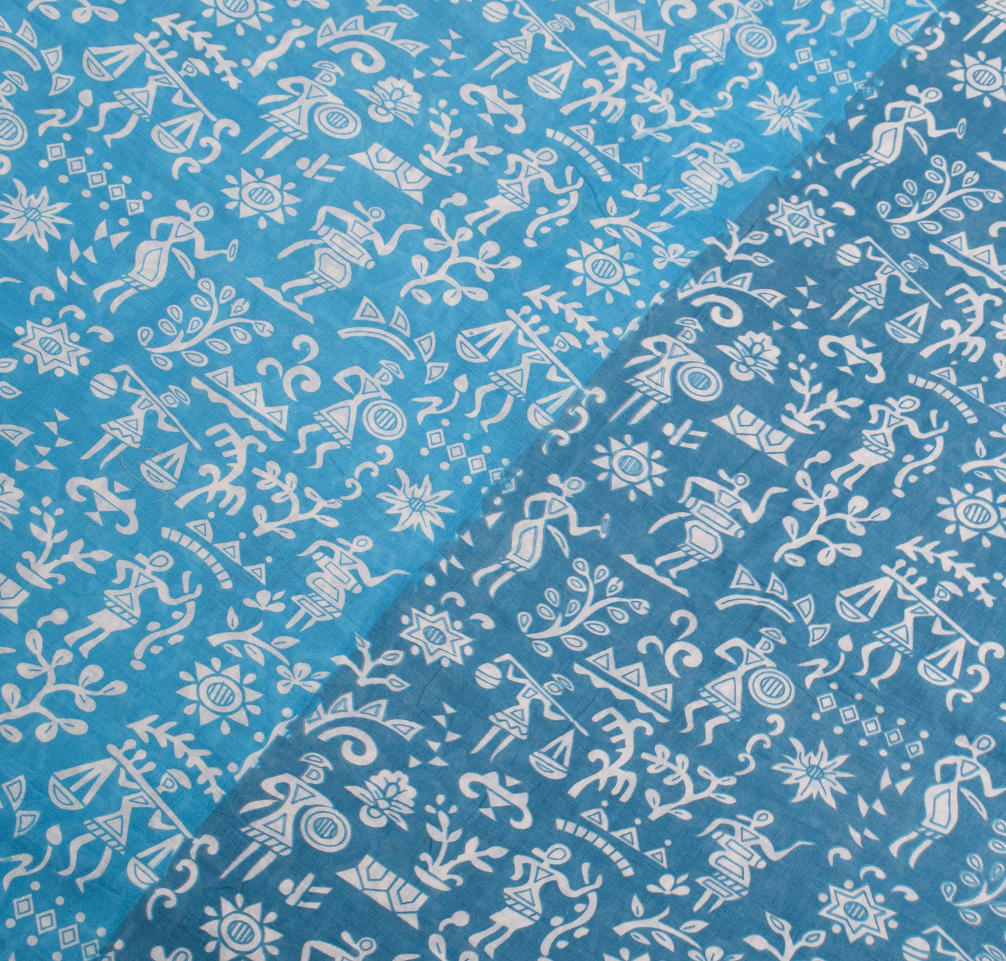 Sushila Vintage Sky Blue Saree  Pure Cotton Warli Printed Sari Soft Craft Fabric