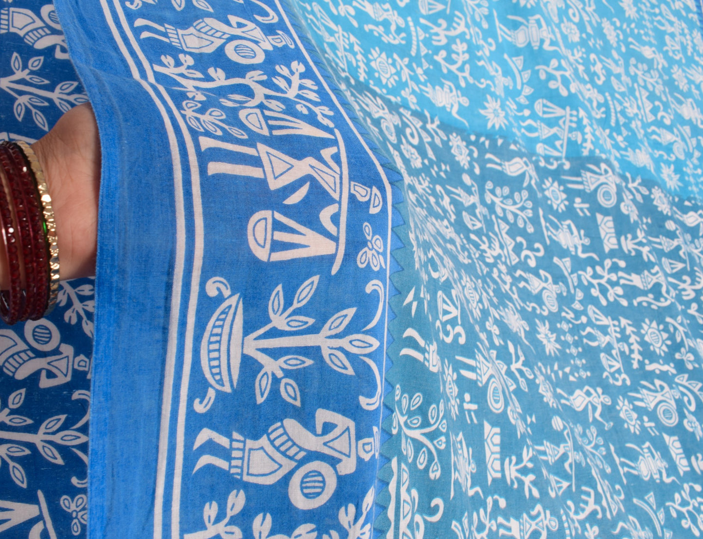 Sushila Vintage Sky Blue Saree  Pure Cotton Warli Printed Sari Soft Craft Fabric