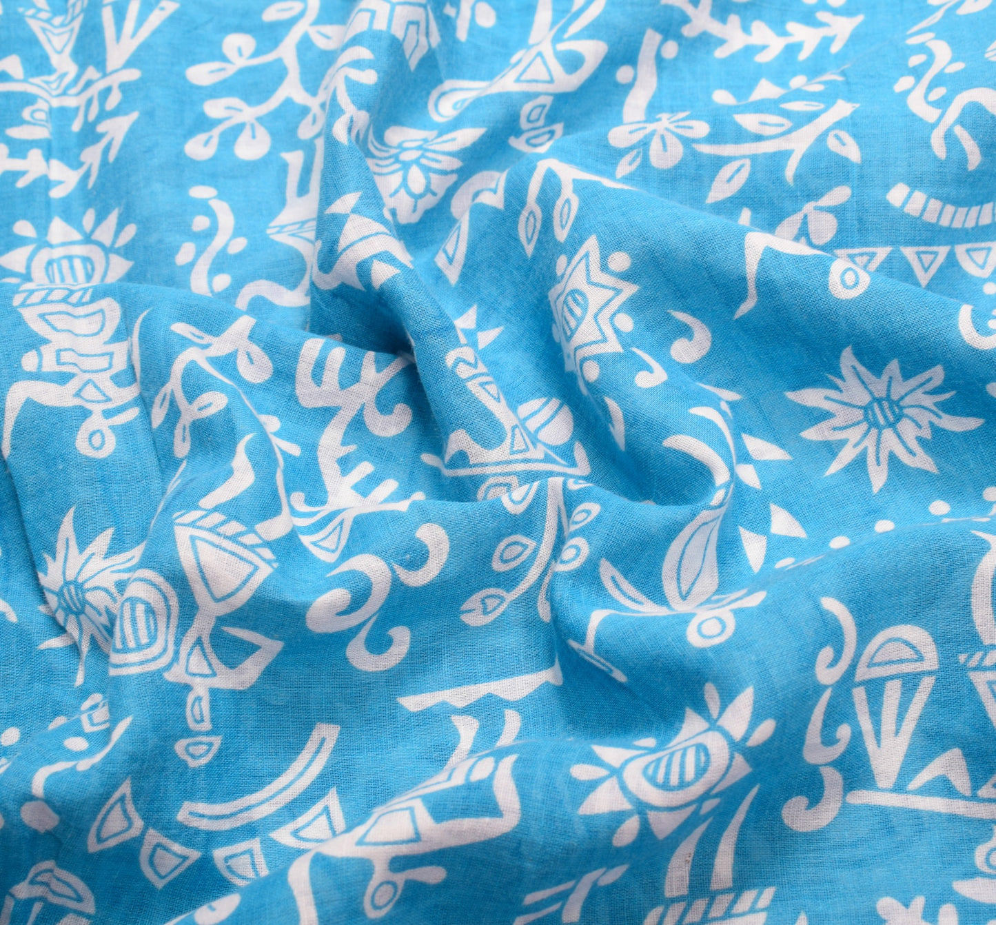 Sushila Vintage Sky Blue Saree  Pure Cotton Warli Printed Sari Soft Craft Fabric