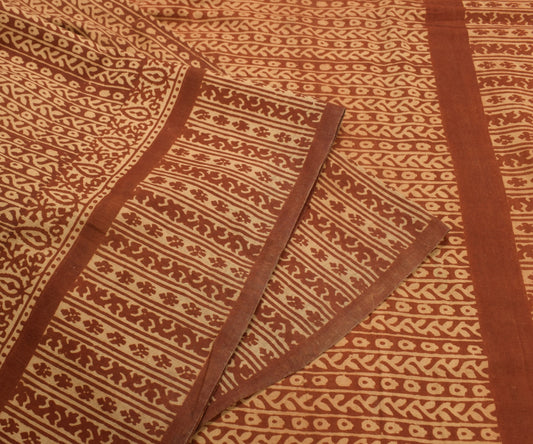 Sushila Vintage Ajrakh Print Saree 100% Pure Cotton Brown Handloom Sari Fabric