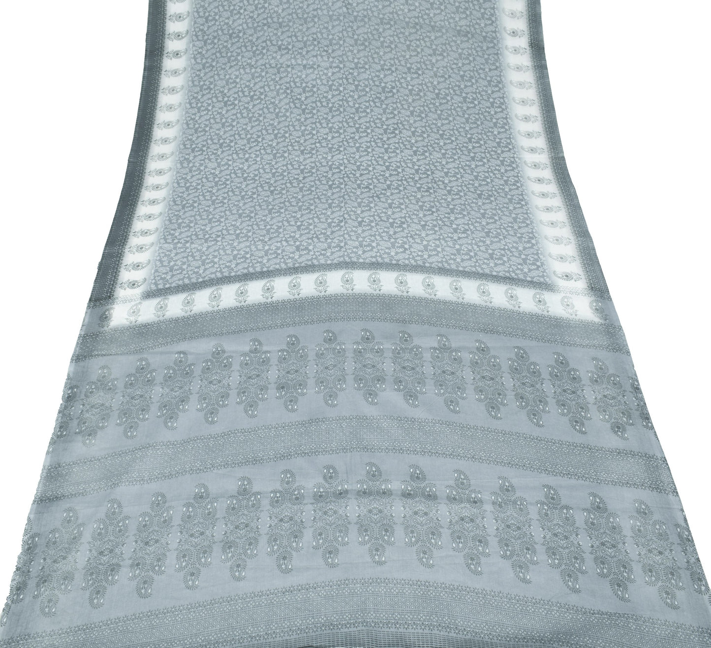 Sushila Vintage Gray Saree 100%Pure Cotton Floral & Paisley Printed Craft Fabric