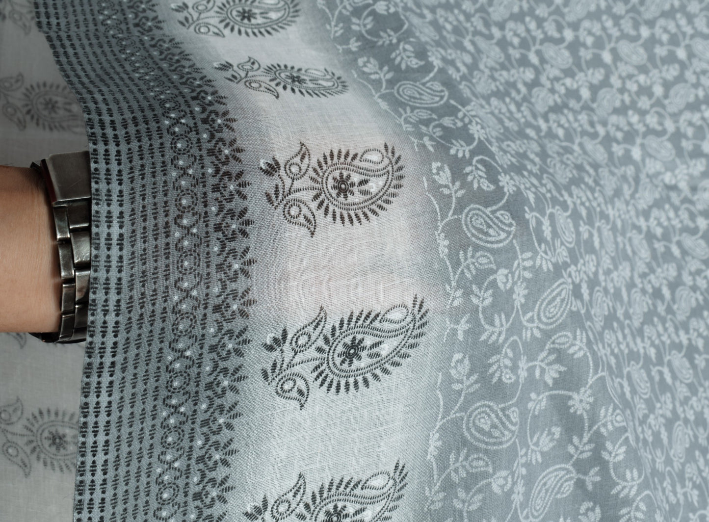 Sushila Vintage Gray Saree 100%Pure Cotton Floral & Paisley Printed Craft Fabric