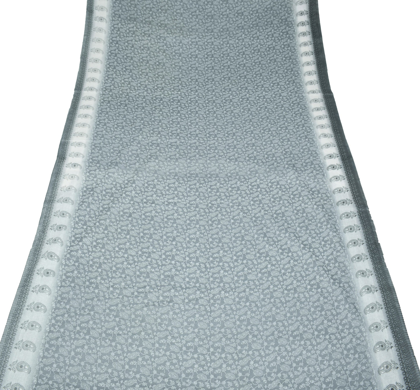 Sushila Vintage Gray Saree 100%Pure Cotton Floral & Paisley Printed Craft Fabric