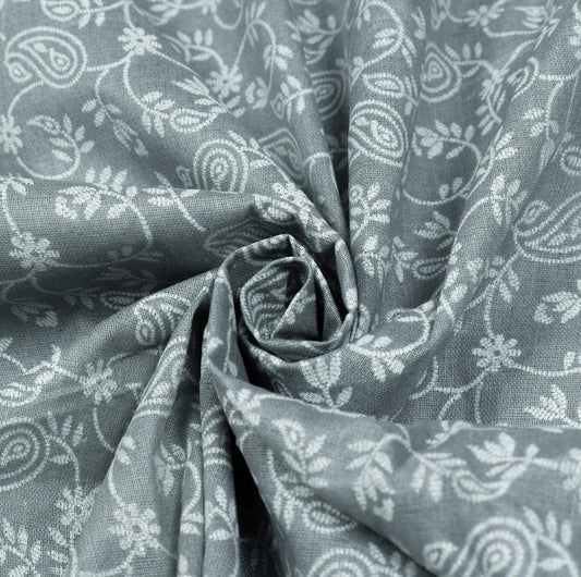 Sushila Vintage Gray Saree 100%Pure Cotton Floral & Paisley Printed Craft Fabric