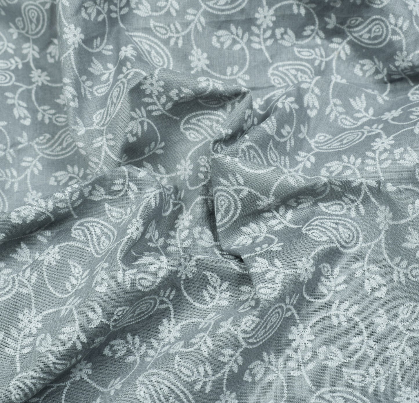 Sushila Vintage Gray Saree 100%Pure Cotton Floral & Paisley Printed Craft Fabric