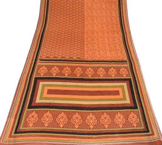 Sushila Vintage Saree Brown Pure Cotton Hand Block Printed Soft Craft Fabric