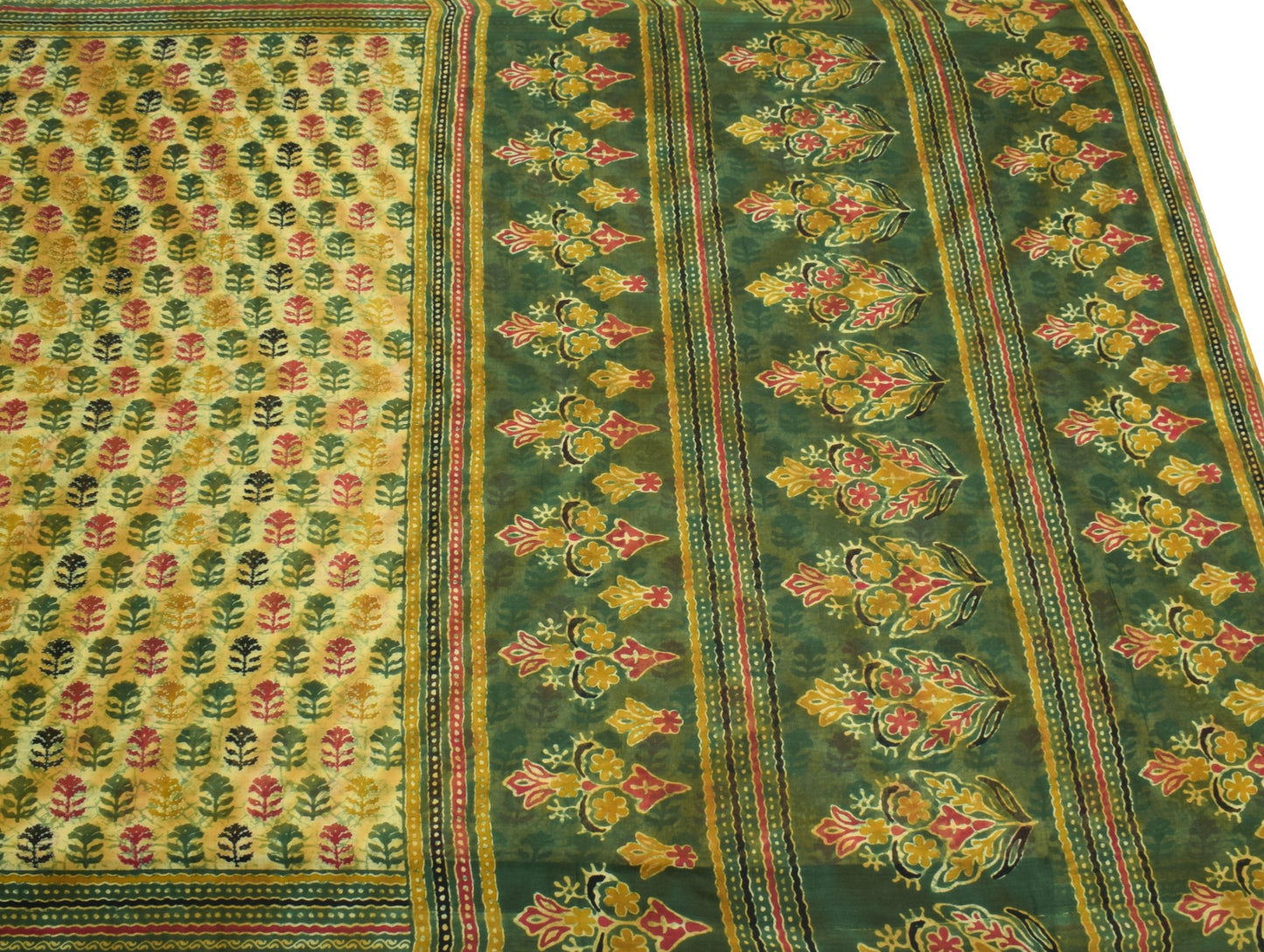 Sushila Vintage Cream Green Saree Pure Cotton Printed Floral Soft Craft Fabric