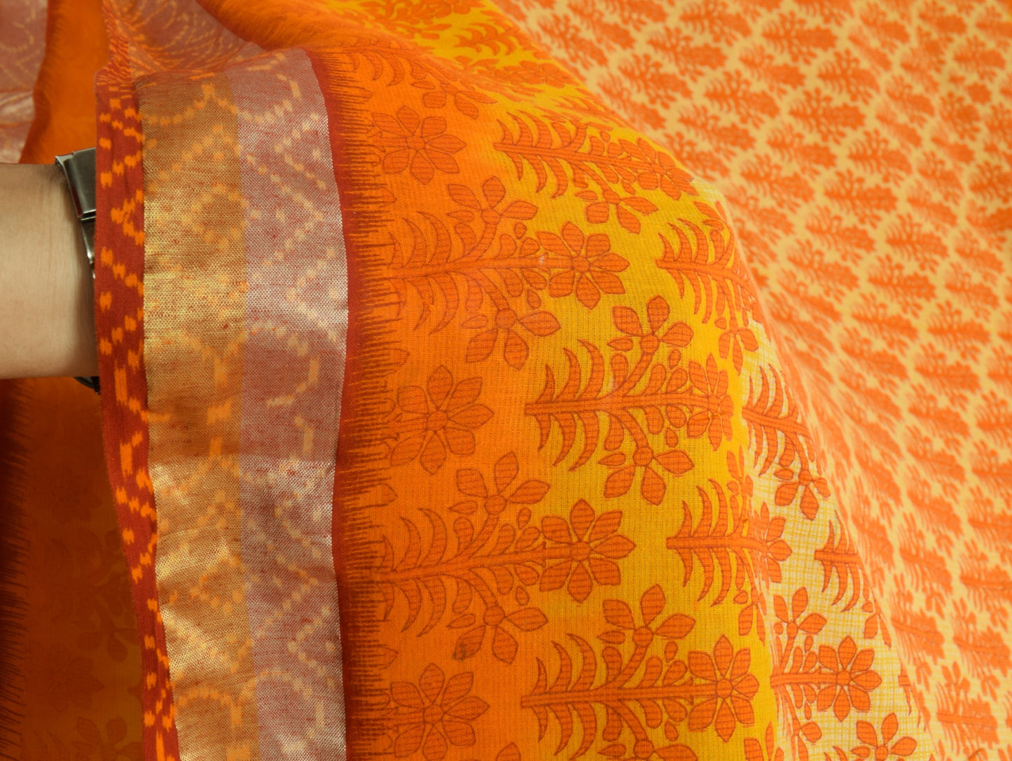 Sushila Vintage Yellow Orange Saree Pure Cotton Printed Soft Floral Craft Fabric