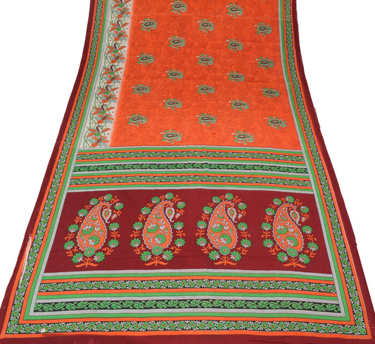Sushila Vintage Orange Saree 100% Pure Cotton Soft Paisley Printed Craft Fabric