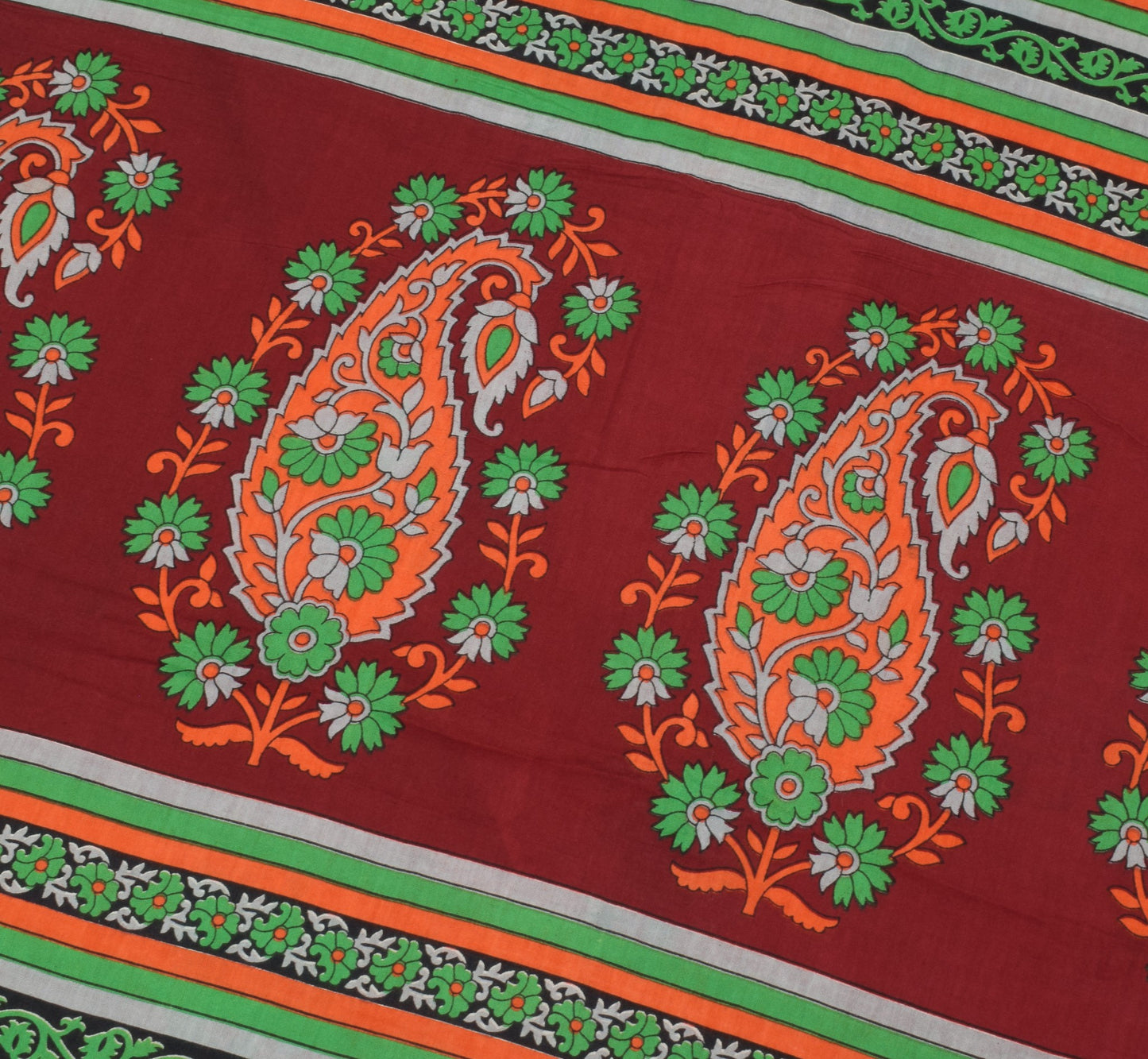 Sushila Vintage Orange Saree 100% Pure Cotton Soft Paisley Printed Craft Fabric