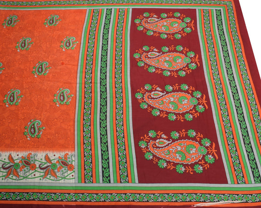 Sushila Vintage Orange Saree 100% Pure Cotton Soft Paisley Printed Craft Fabric