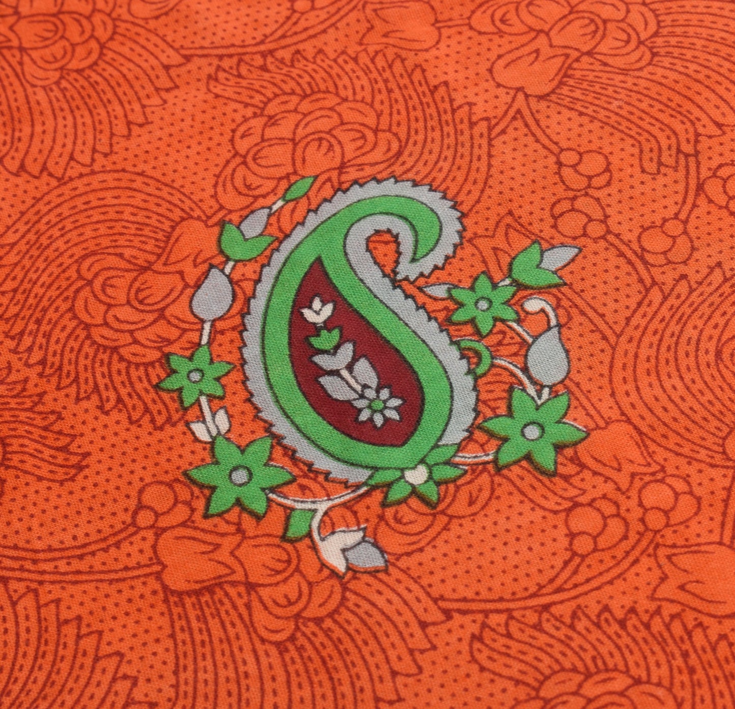 Sushila Vintage Orange Saree 100% Pure Cotton Soft Paisley Printed Craft Fabric