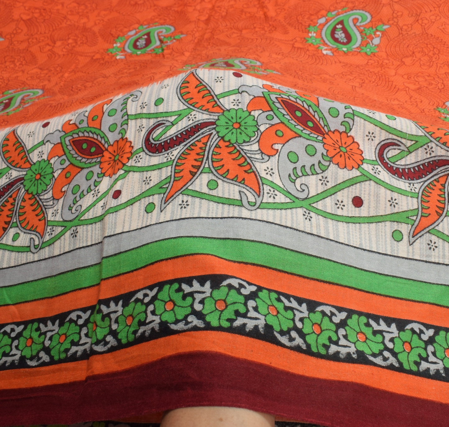 Sushila Vintage Orange Saree 100% Pure Cotton Soft Paisley Printed Craft Fabric