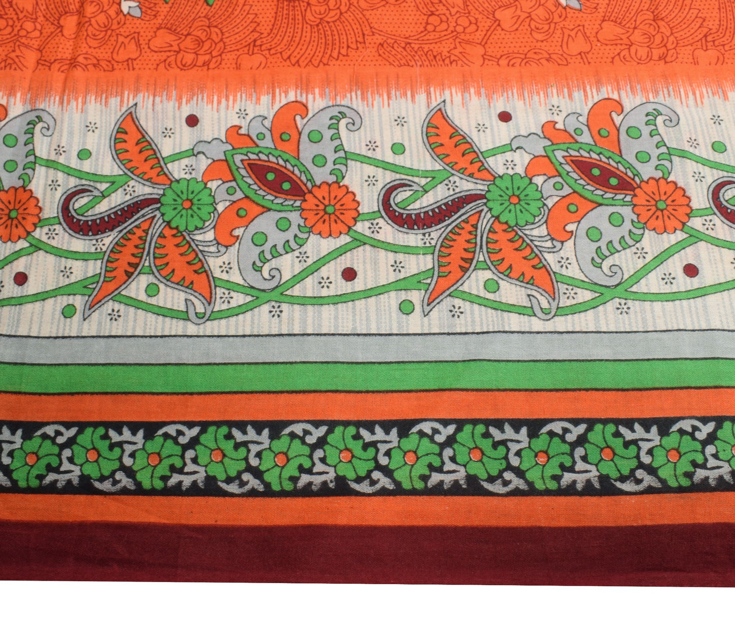 Sushila Vintage Orange Saree 100% Pure Cotton Soft Paisley Printed Craft Fabric