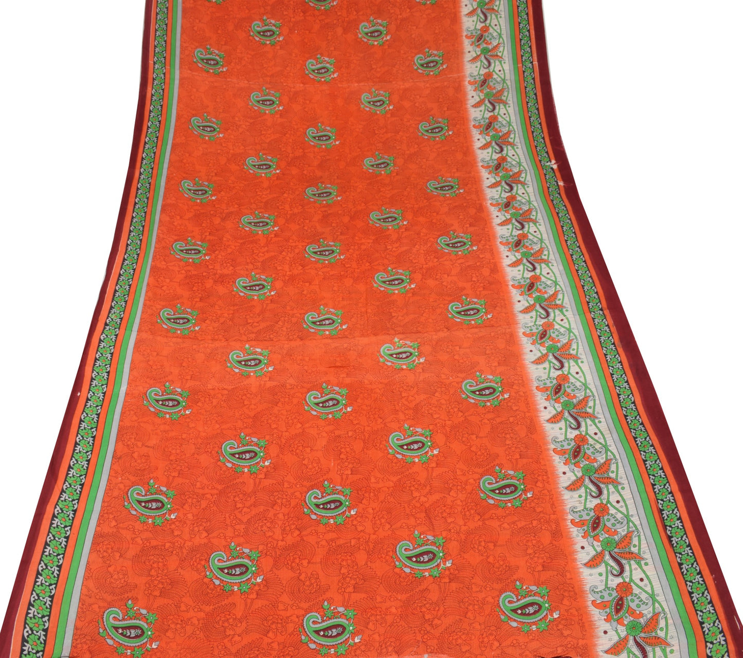 Sushila Vintage Orange Saree 100% Pure Cotton Soft Paisley Printed Craft Fabric