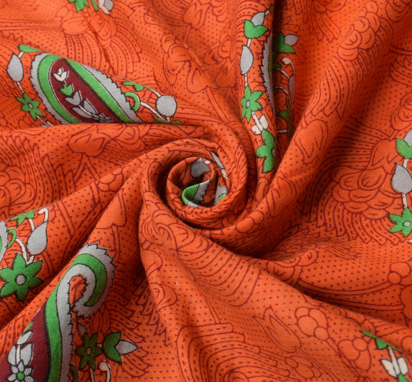 Sushila Vintage Orange Saree 100% Pure Cotton Soft Paisley Printed Craft Fabric