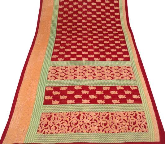 Sushila Vintage Red Floral Saree 100% Pure Cotton Printed Soft Craft Fabric