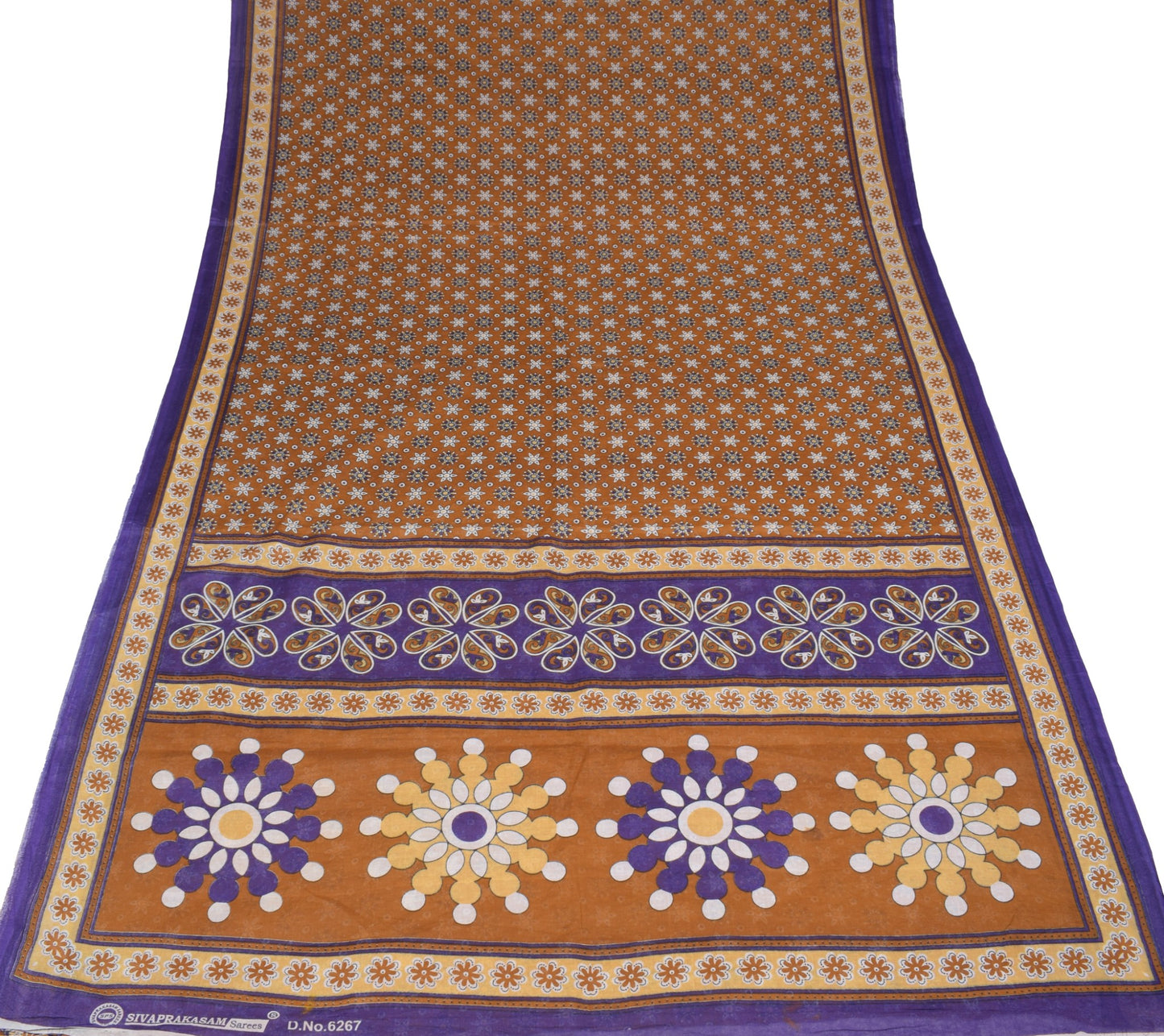Sushila Vintage Floral Brown Saree 100% Pure Cotton Printed Indian Craft Fabric