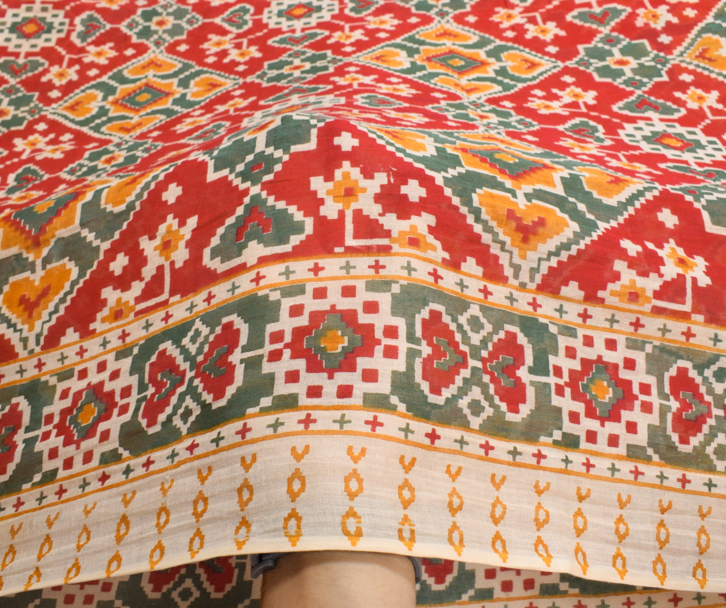 Sushila Vintage Patola Print Saree 100% Pure Cotton Red Sari Soft Craft Fabric