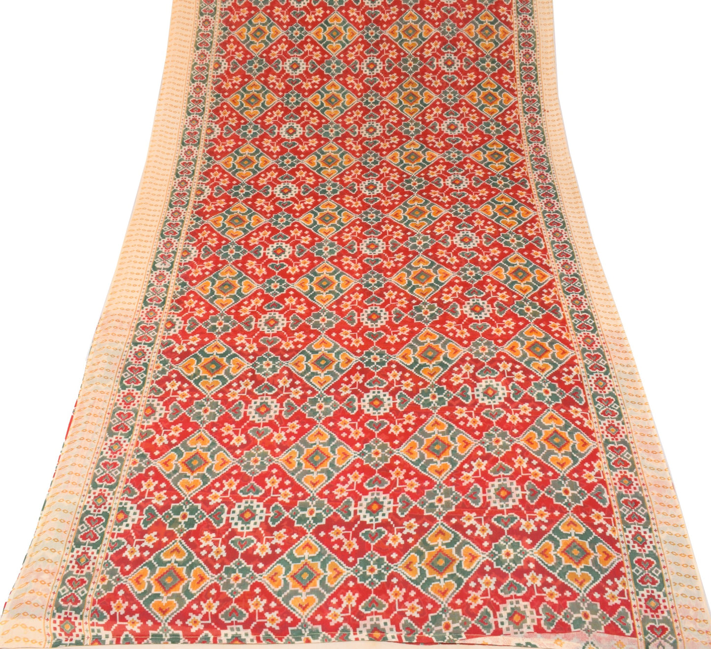 Sushila Vintage Patola Print Saree 100% Pure Cotton Red Sari Soft Craft Fabric