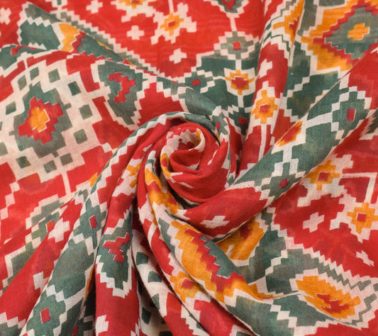 Sushila Vintage Patola Print Saree 100% Pure Cotton Red Sari Soft Craft Fabric