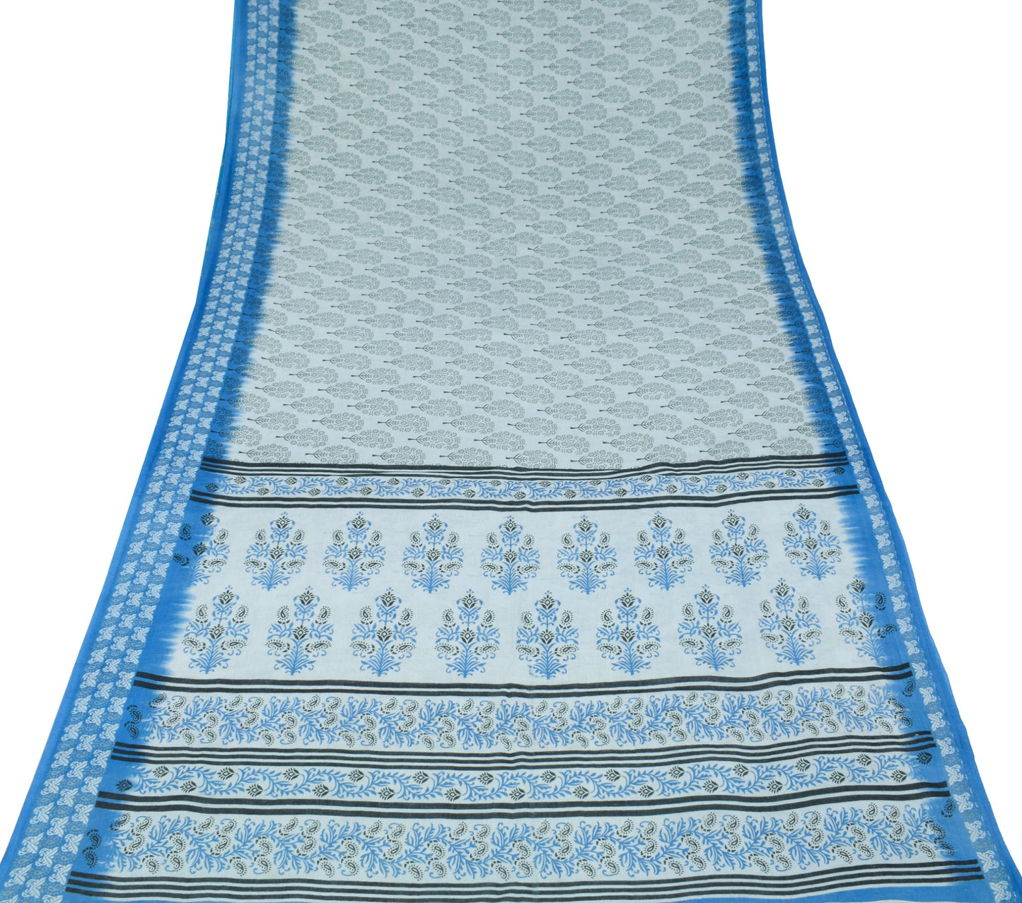 Sushila Vintage Ice Blue Floral Printed Saree 100% Pure Cotton Soft Craft Fabric
