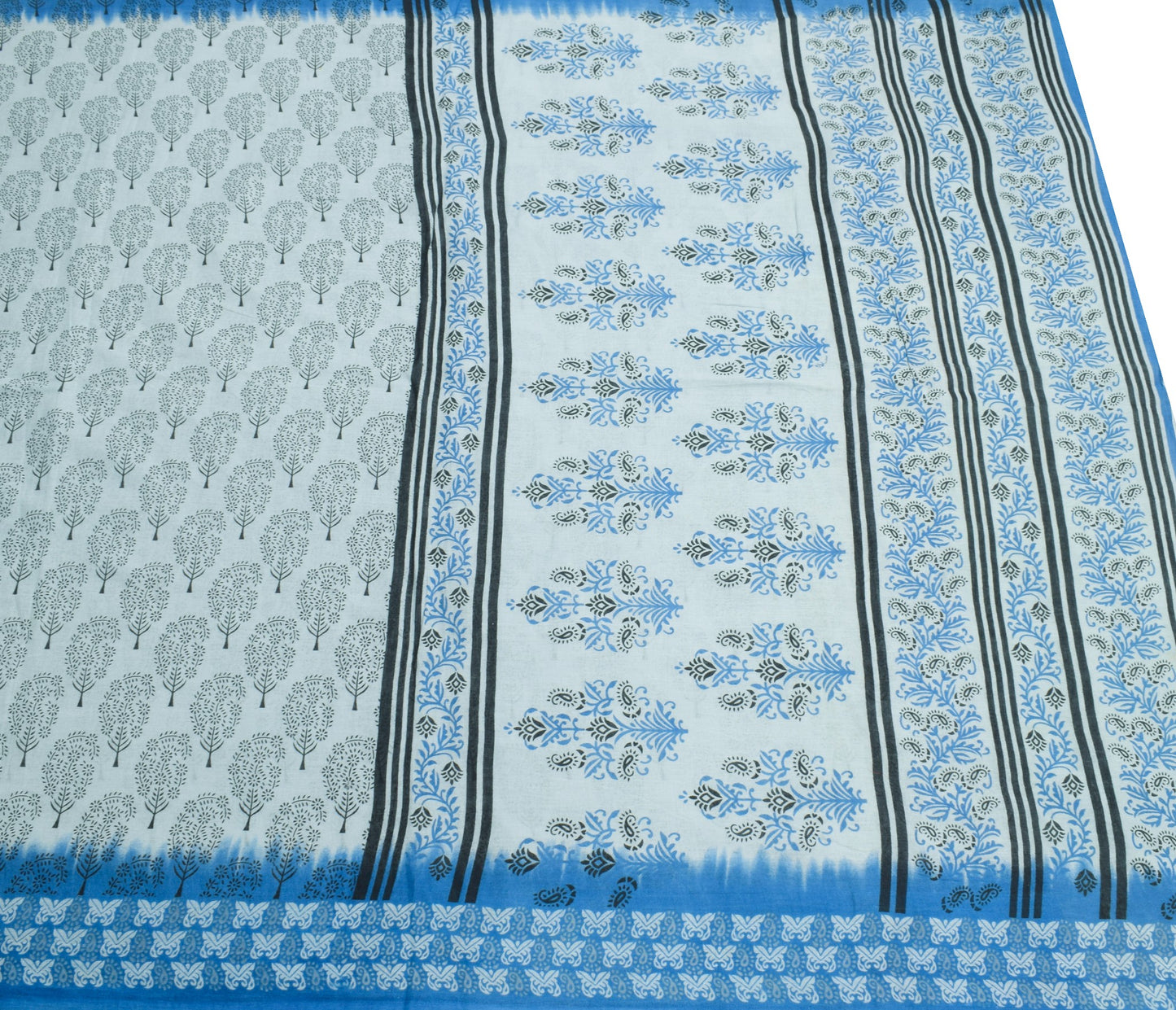 Sushila Vintage Ice Blue Floral Printed Saree 100% Pure Cotton Soft Craft Fabric