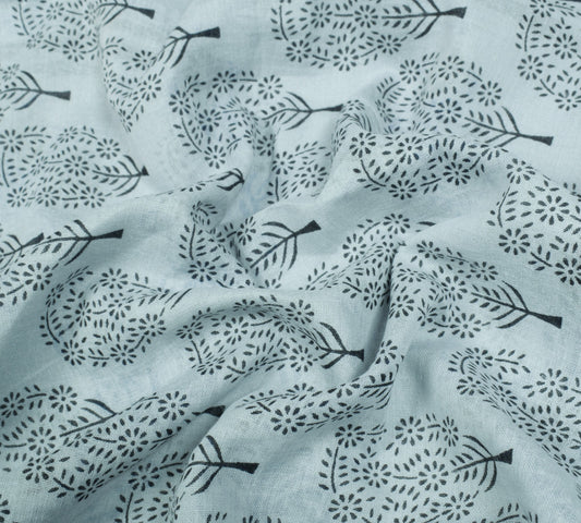 Sushila Vintage Ice Blue Floral Printed Saree 100% Pure Cotton Soft Craft Fabric