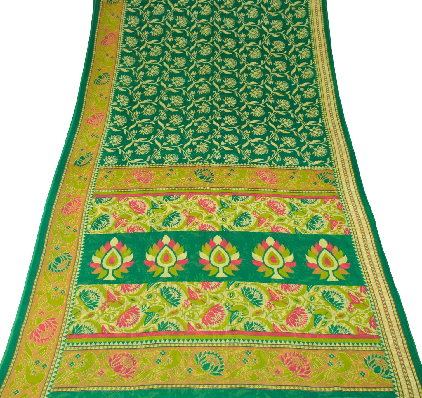 Sushila Vintage Dark Green Saree Pure Cotton Printed Floral Soft Craft Fabric