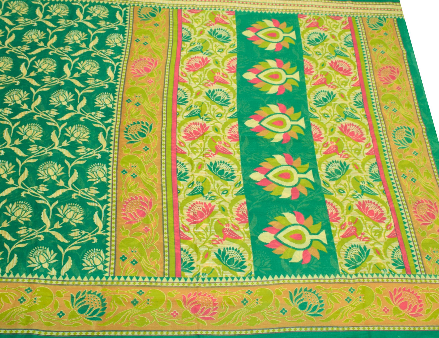 Sushila Vintage Dark Green Saree Pure Cotton Printed Floral Soft Craft Fabric