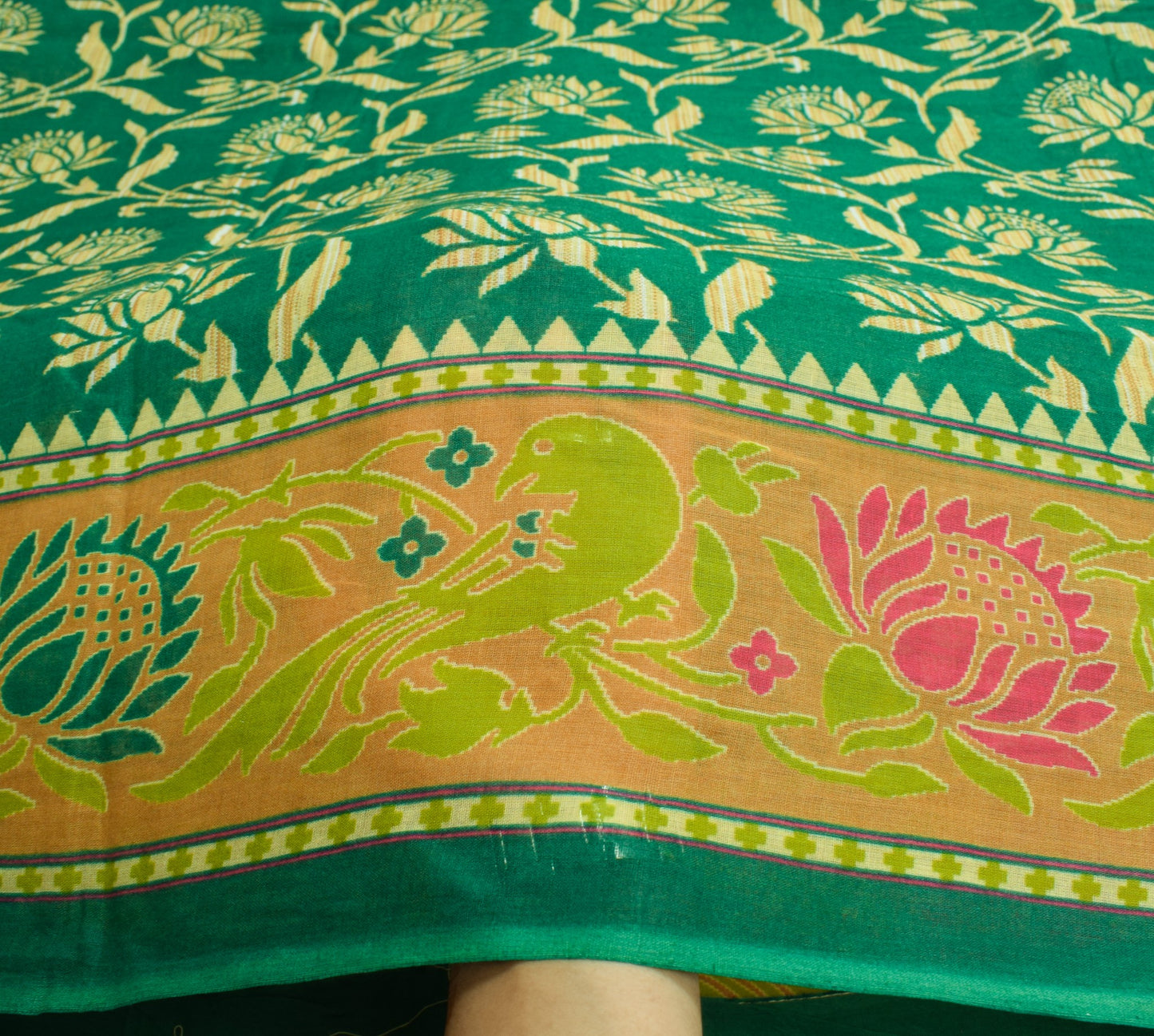 Sushila Vintage Dark Green Saree Pure Cotton Printed Floral Soft Craft Fabric