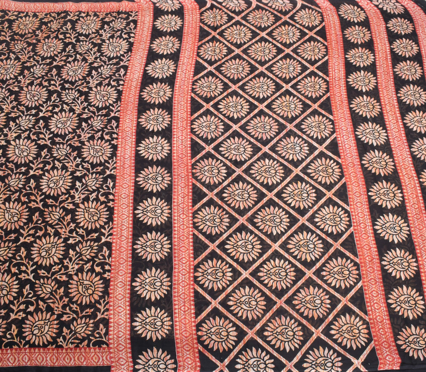 Sushila Vintage Floral Saree Black 100% Pure Cotton Printed Soft Craft Fabric