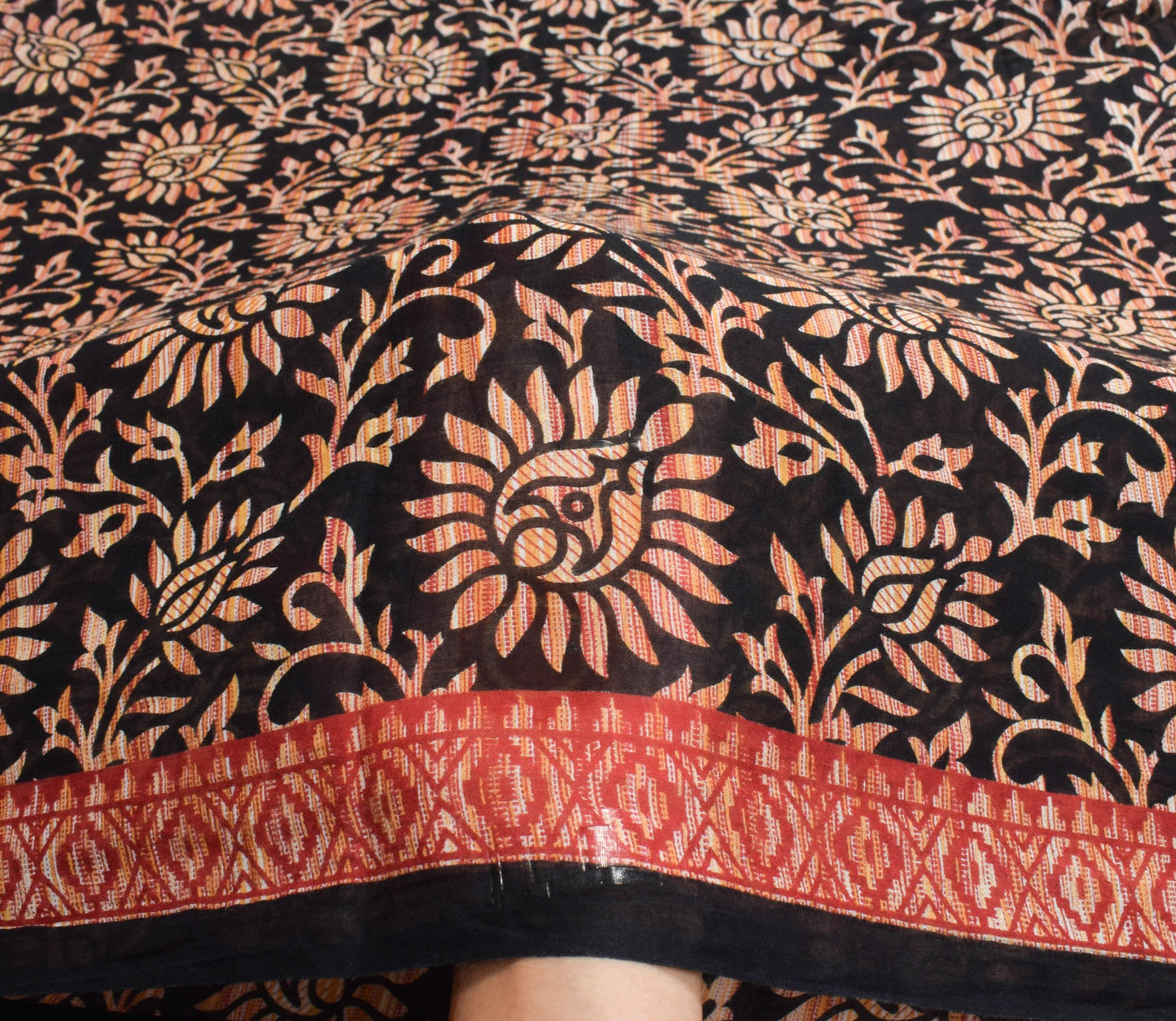 Sushila Vintage Floral Saree Black 100% Pure Cotton Printed Soft Craft Fabric