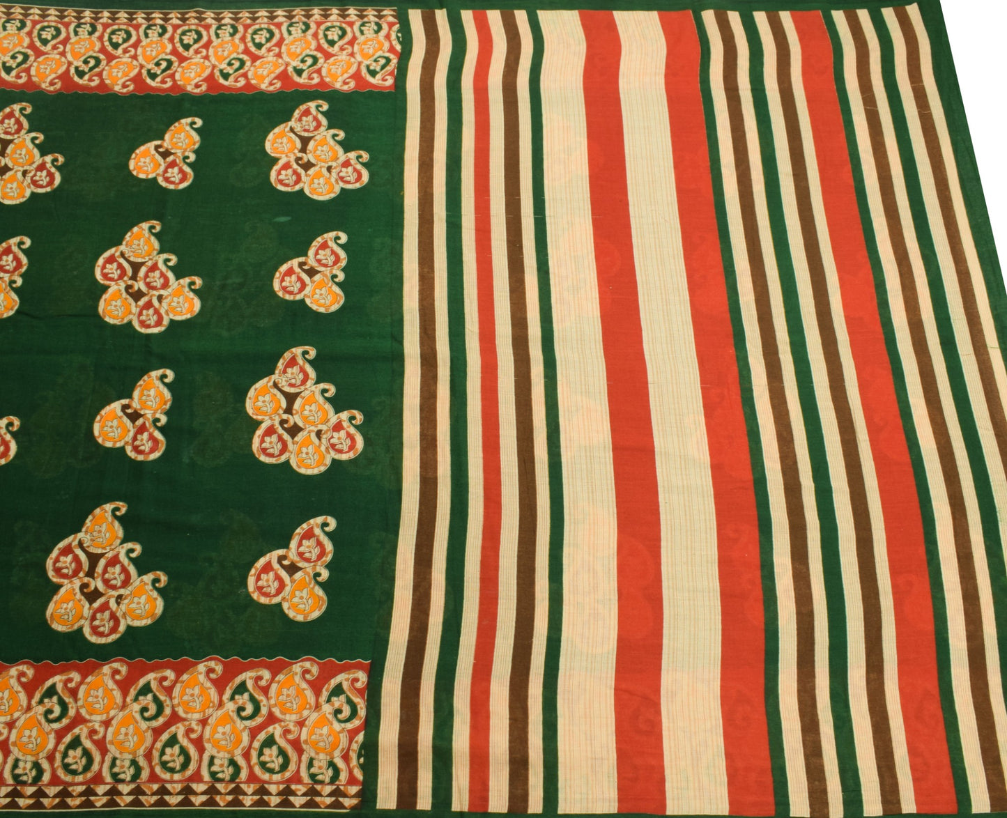 Sushila Vintage Dark Green Saree Pure Cotton Printed Soft Paisley Craft Fabric