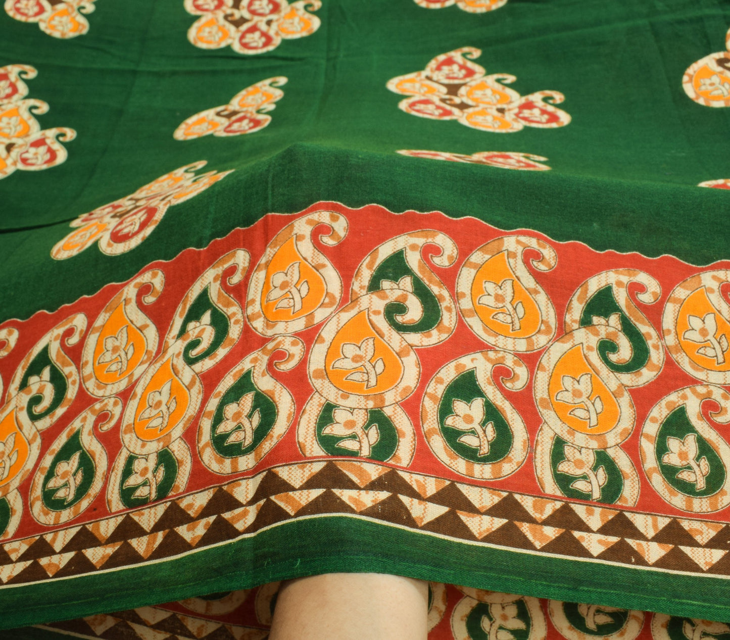 Sushila Vintage Dark Green Saree Pure Cotton Printed Soft Paisley Craft Fabric