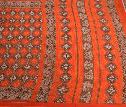 Sushila Vintage Orange Brown Saree 100% Pure Cotton Printed Soft Craft Fabric
