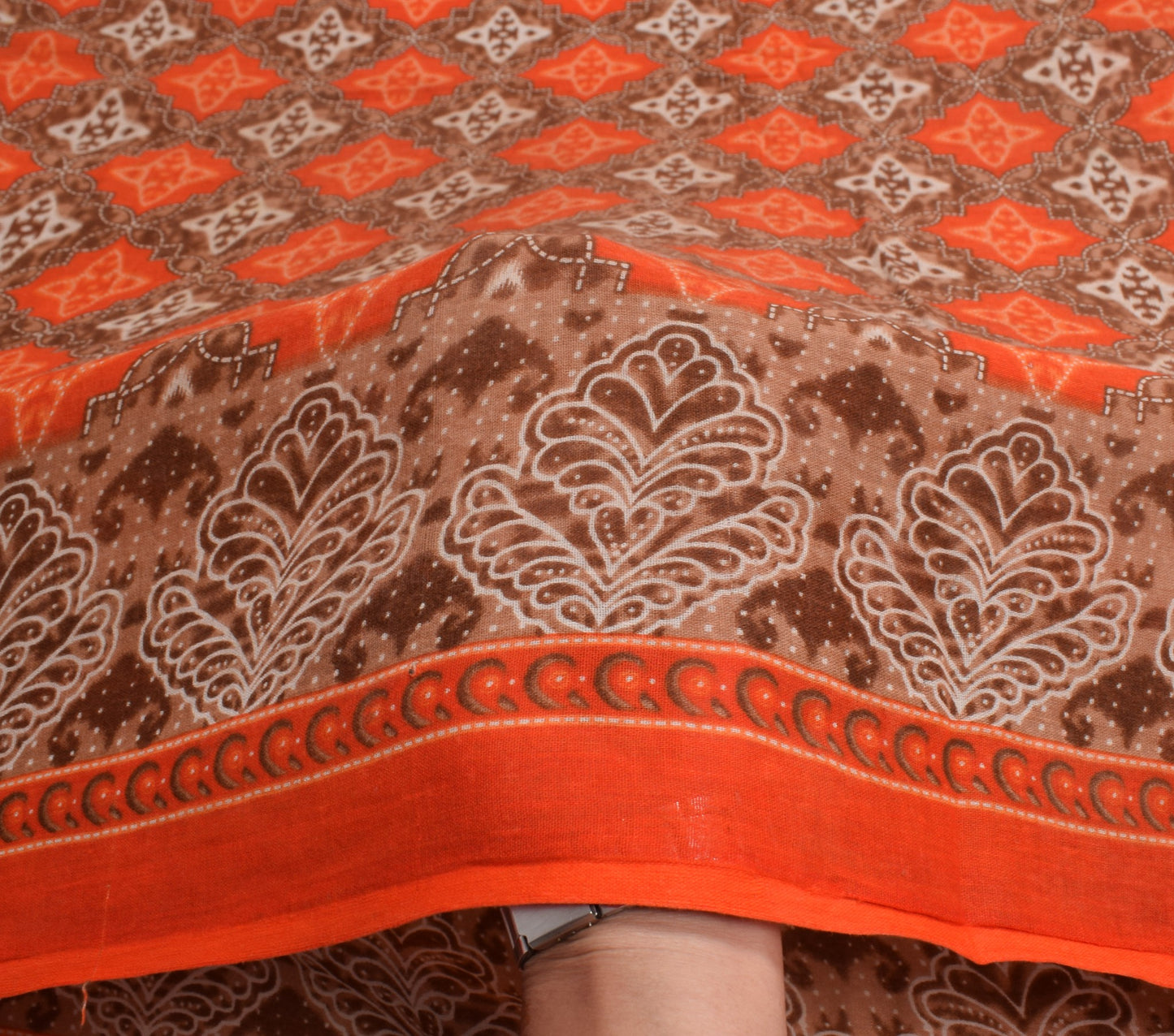 Sushila Vintage Orange Brown Saree 100% Pure Cotton Printed Soft Craft Fabric