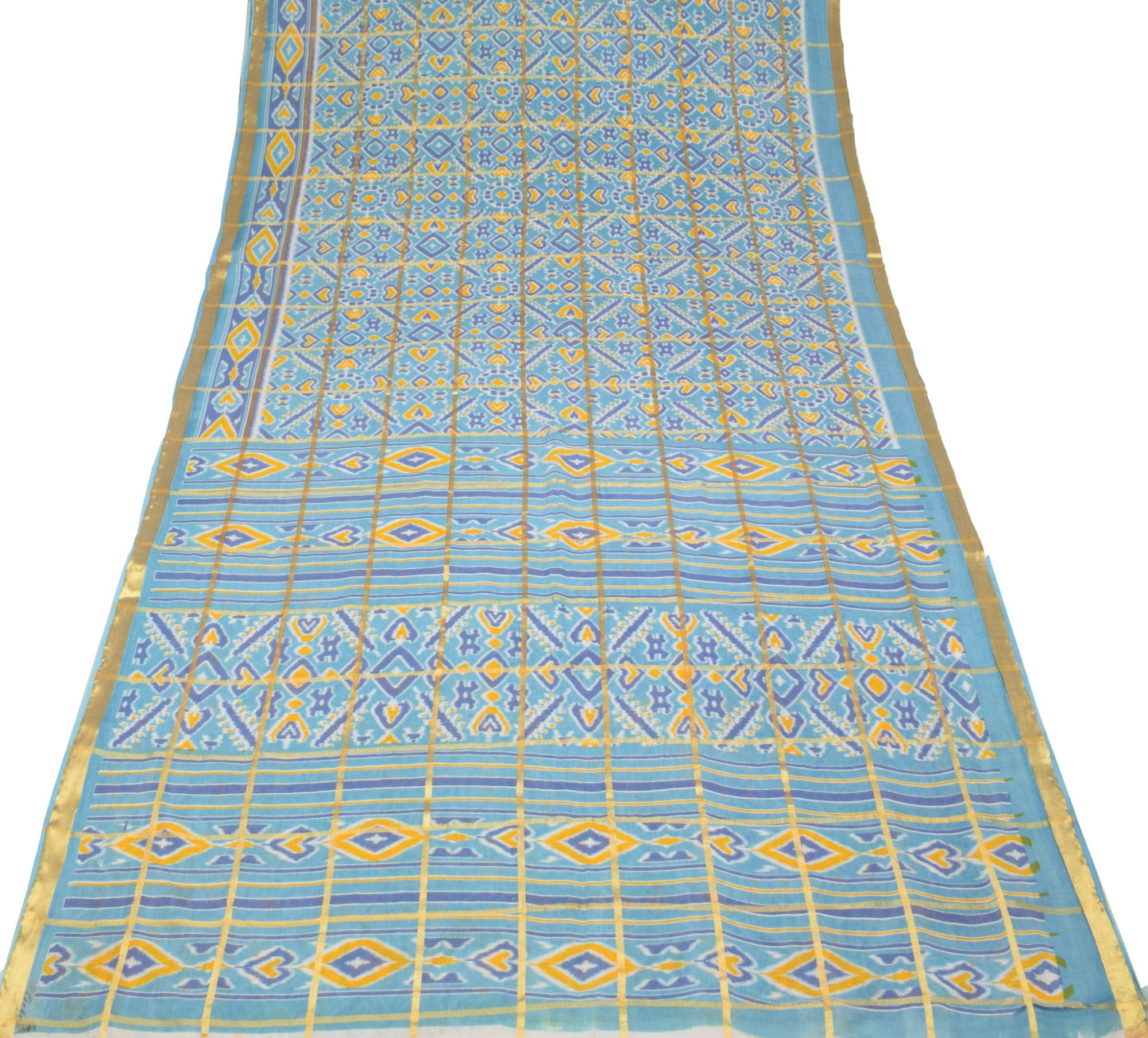 Sushila Vintage Ikat Print Saree Zari Stripes Pure Cotton Aqua Blue Soft Fabric