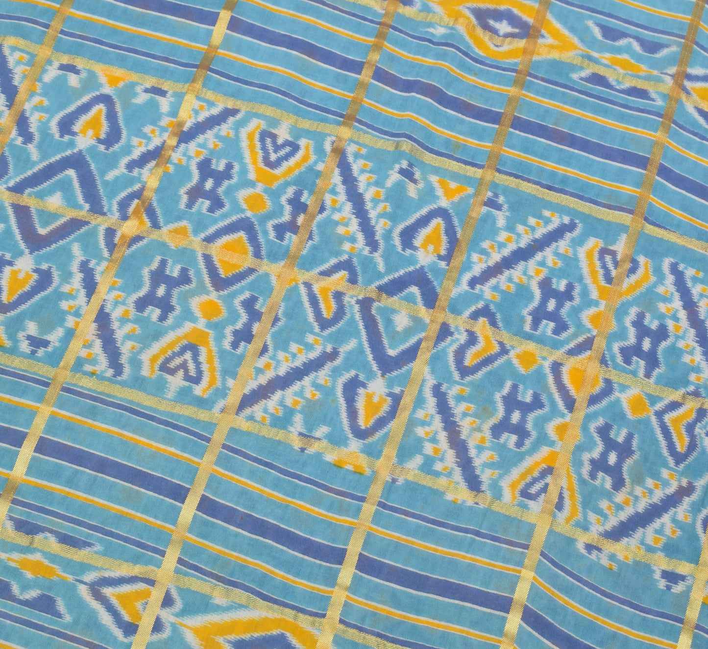 Sushila Vintage Ikat Print Saree Zari Stripes Pure Cotton Aqua Blue Soft Fabric